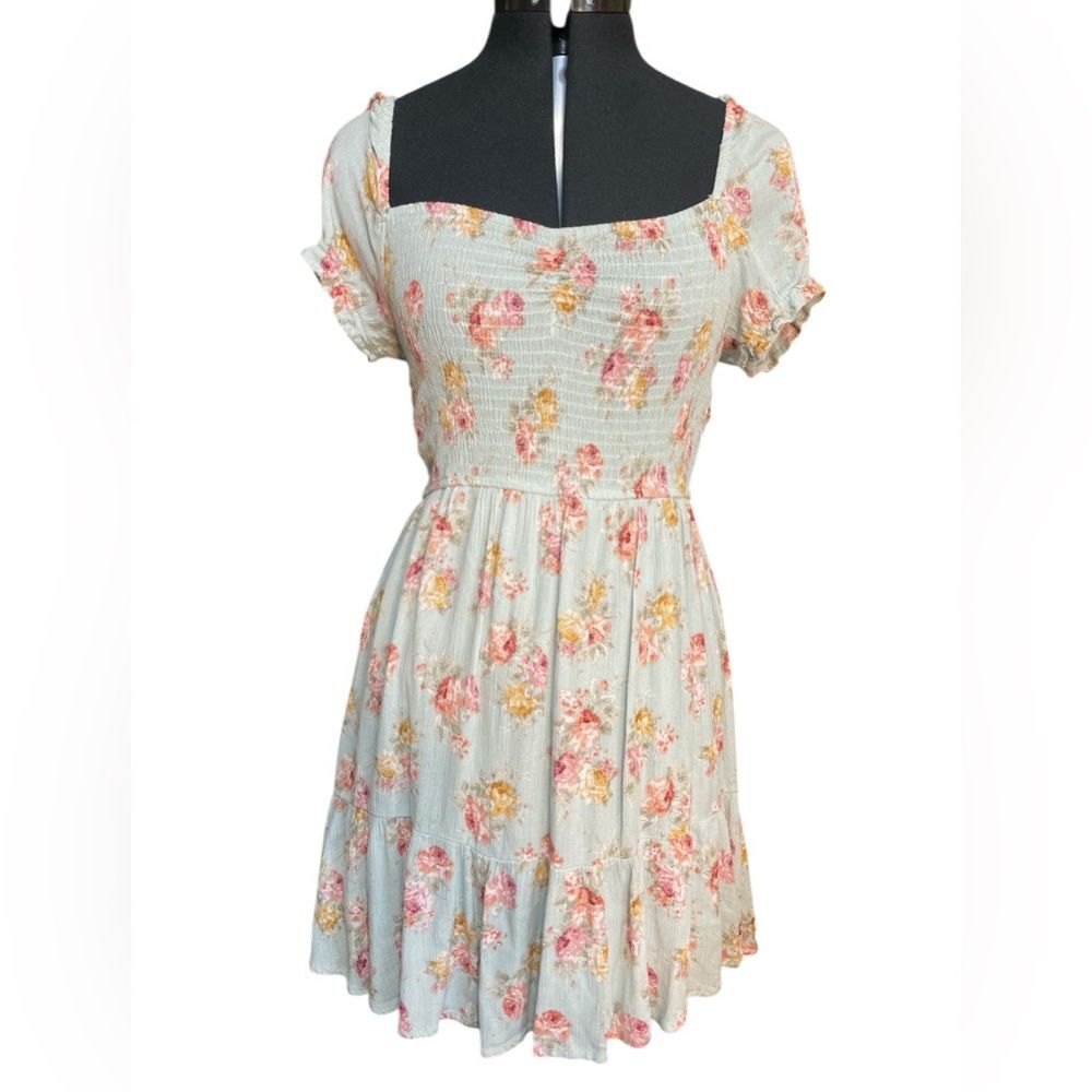 Becool Peasant Babydoll Smocked‎ Mini Dress Puff Sleeves Spring Easter Floral S